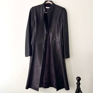 Nicole Farhi Navy Blue Leather Coat Long Midi Jacket, Stand Collar, US 2 | UK 6